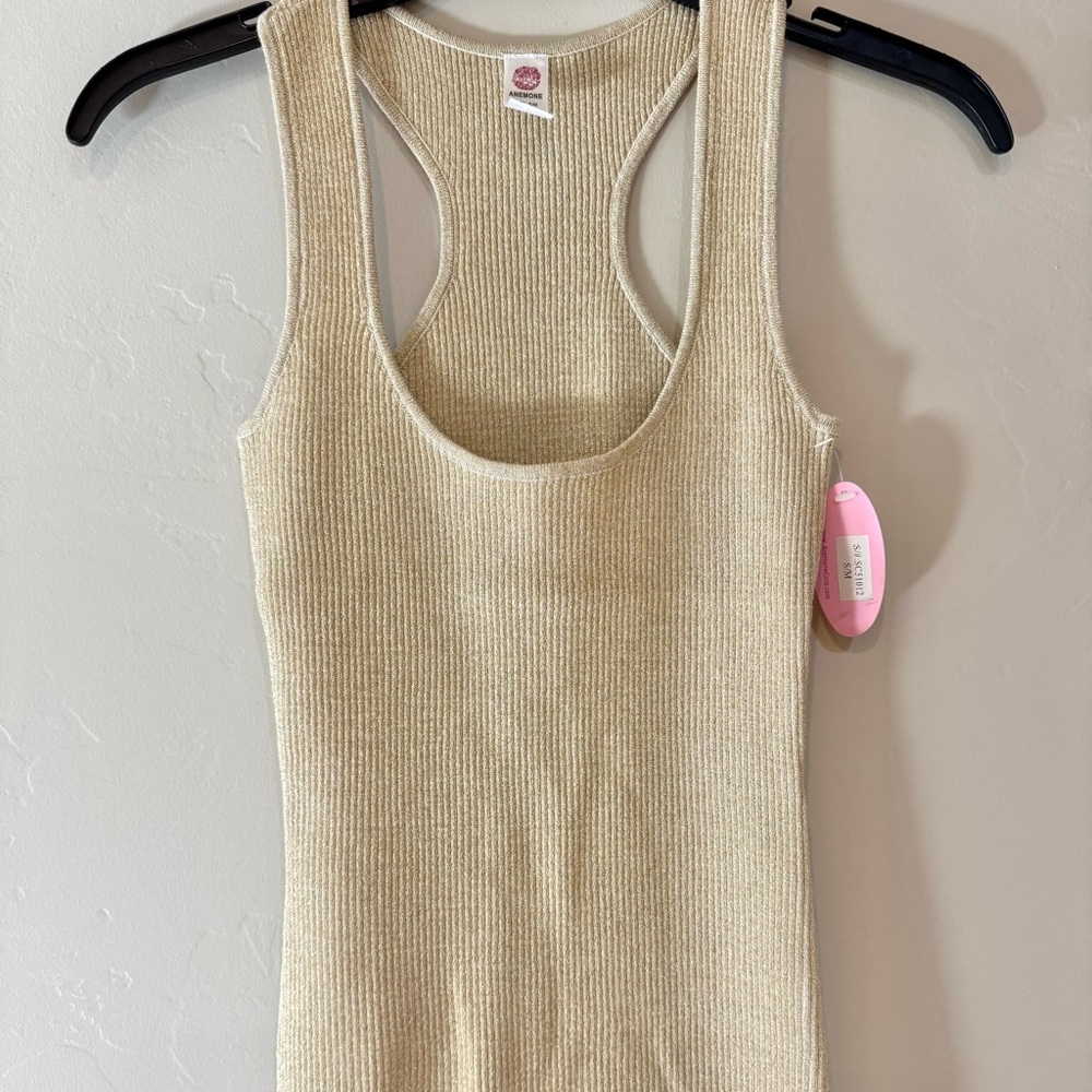 Social Featurs S/M Ribbed Beige and Gold Sparkly Tank Top NWT